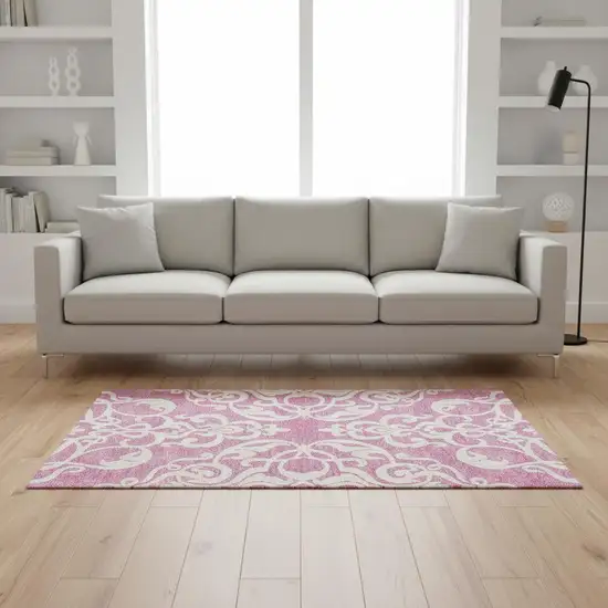 Blush And Ivory Damask Washable Area Rug With UV Protection Photo 2