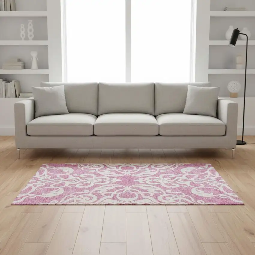 Blush And Ivory Damask Washable Area Rug With UV Protection Photo 2