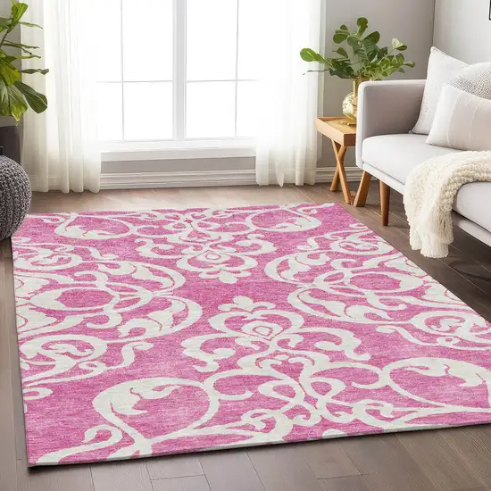 Blush And Ivory Damask Washable Area Rug With UV Protection Photo 4