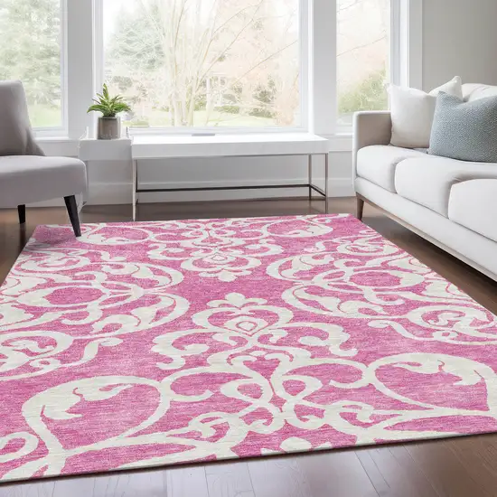 Blush And Ivory Damask Washable Area Rug With UV Protection Photo 5