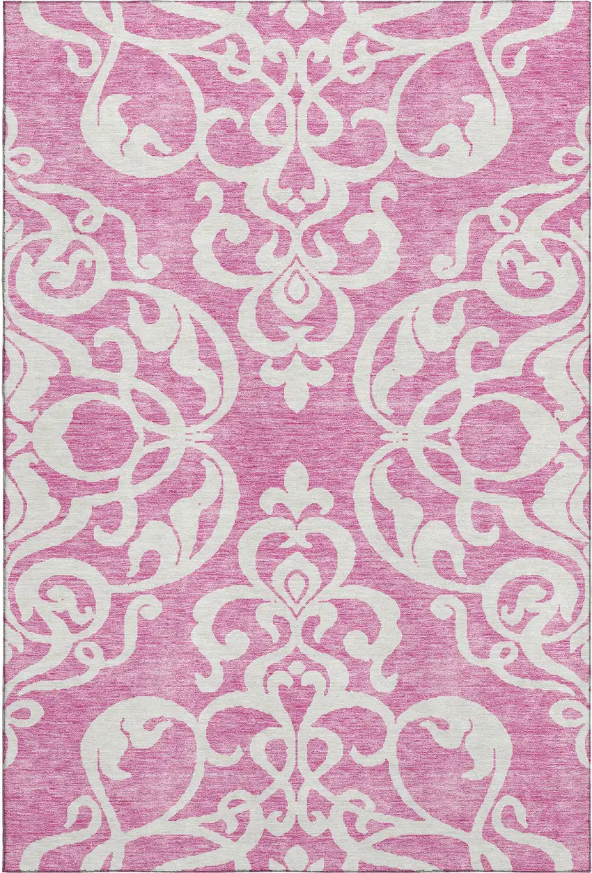 Blush And Ivory Damask Washable Area Rug With UV Protection Photo 1