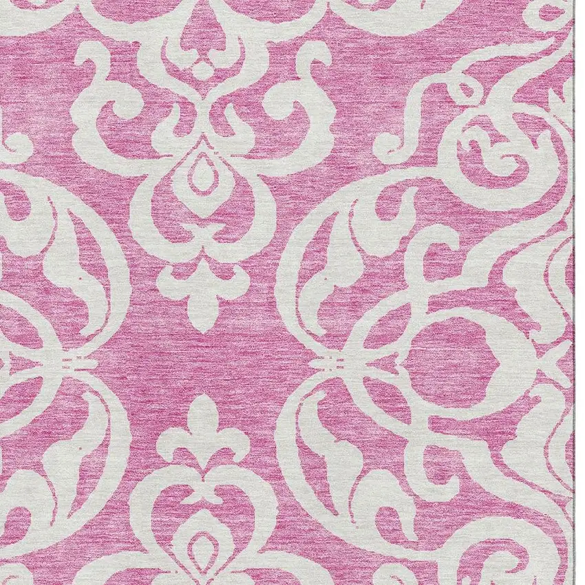 Blush And Ivory Damask Washable Area Rug With UV Protection Photo 2