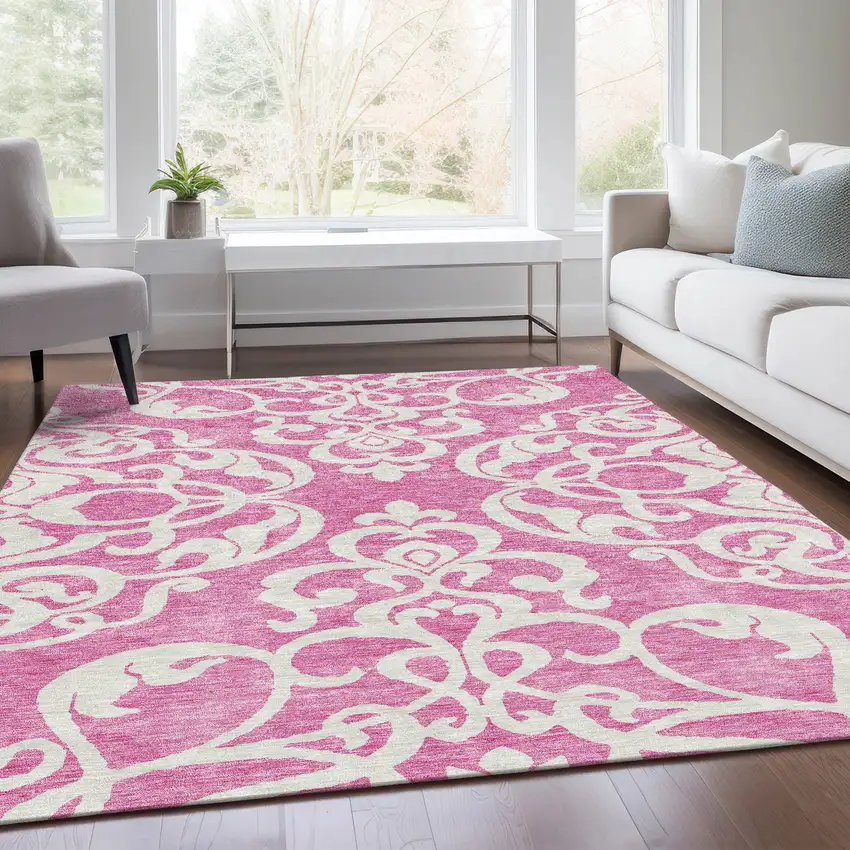 Blush And Ivory Damask Washable Area Rug With UV Protection Photo 5