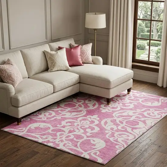 Blush And Ivory Damask Washable Area Rug With UV Protection Photo 1