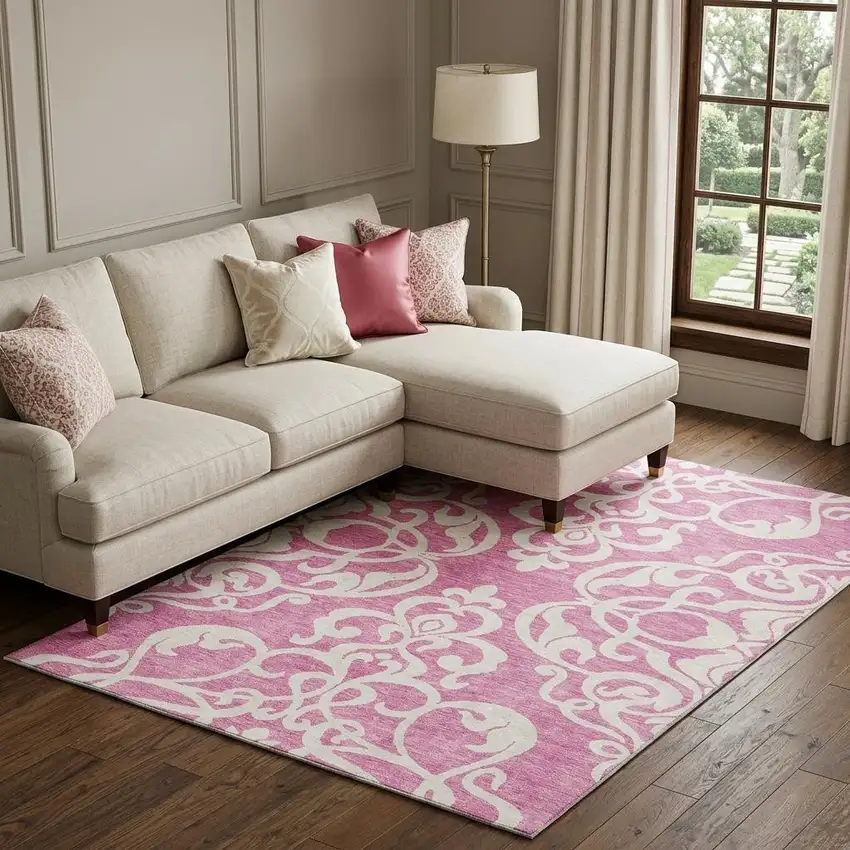 Blush And Ivory Damask Washable Area Rug With UV Protection Photo 1