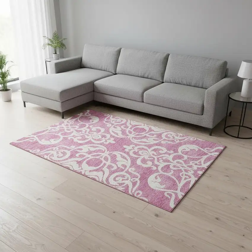Blush And Ivory Damask Washable Area Rug With UV Protection Photo 2