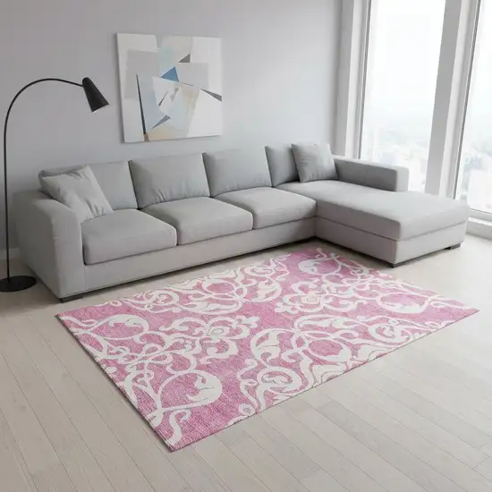 Blush And Ivory Damask Washable Area Rug With UV Protection Photo 2