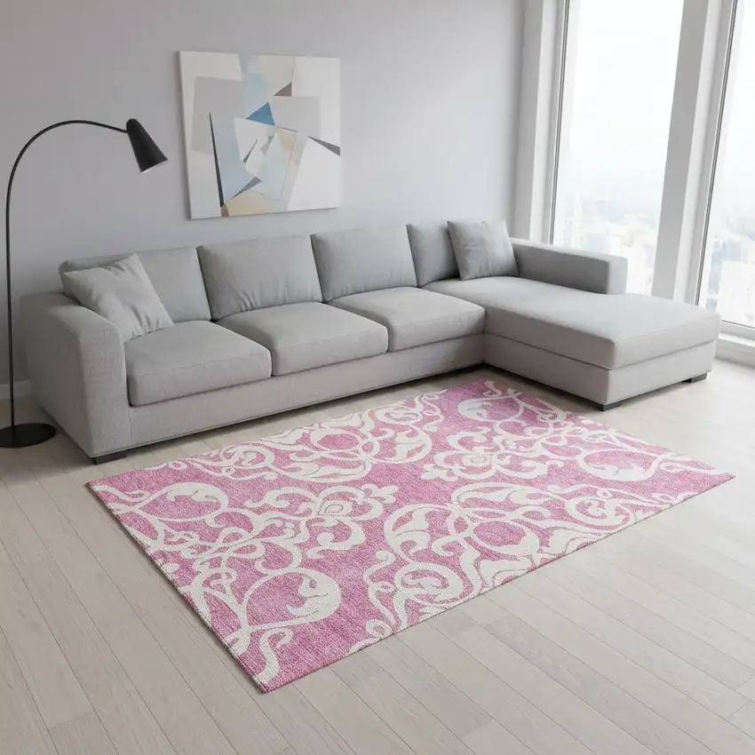 Blush And Ivory Damask Washable Area Rug With UV Protection Photo 2