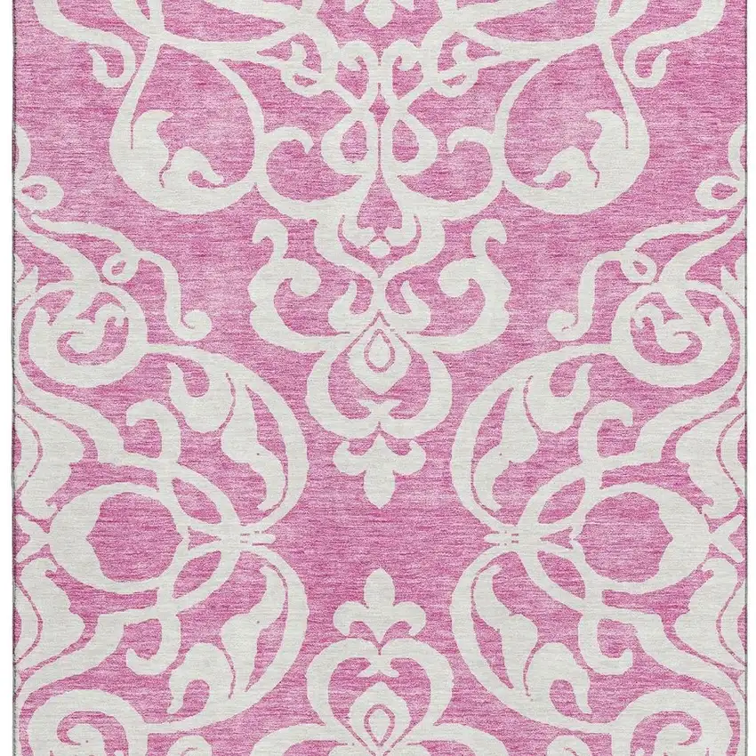 Blush And Ivory Damask Washable Area Rug With UV Protection Photo 2