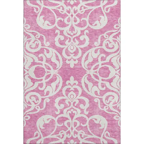 Blush And Ivory Damask Washable Area Rug With UV Protection Photo 1