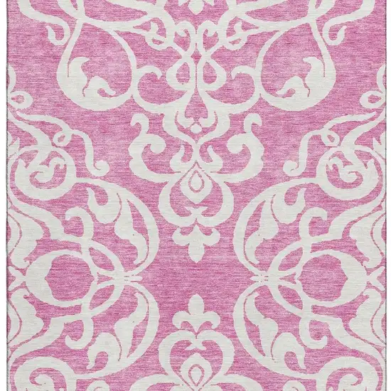 Blush And Ivory Damask Washable Area Rug With UV Protection Photo 2