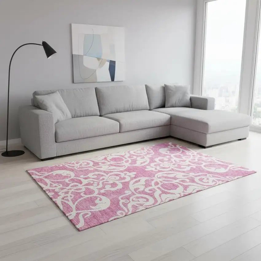 Blush And Ivory Damask Washable Area Rug With UV Protection Photo 2