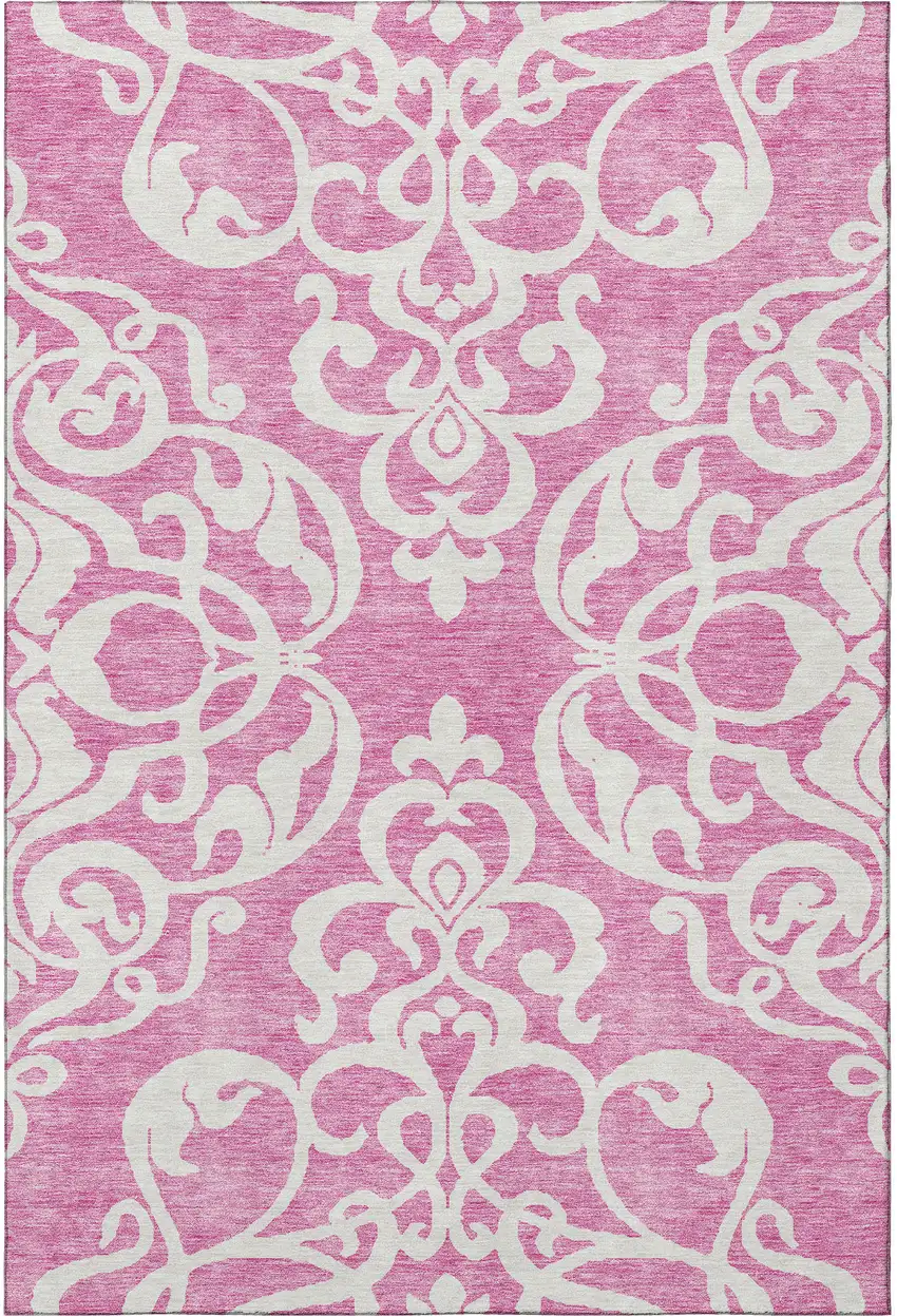 Blush And Ivory Damask Washable Area Rug With UV Protection Photo 3