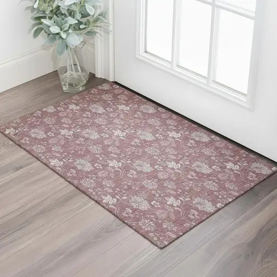 Blush And Ivory Floral Washable Area Rug With UV Protection Photo 1