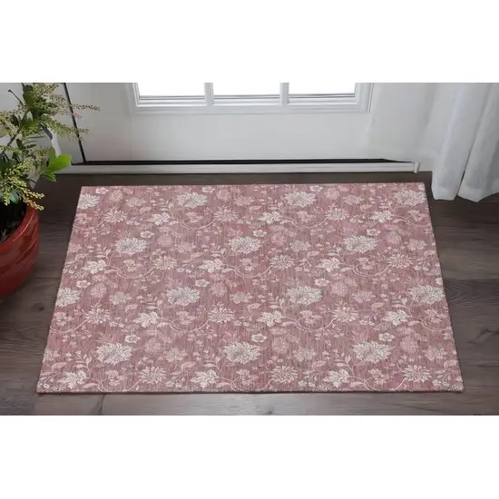 Blush And Ivory Floral Washable Area Rug With UV Protection Photo 2