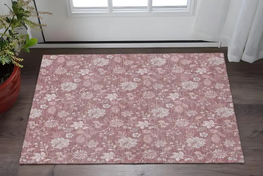 Blush And Ivory Floral Washable Area Rug With UV Protection Photo 2