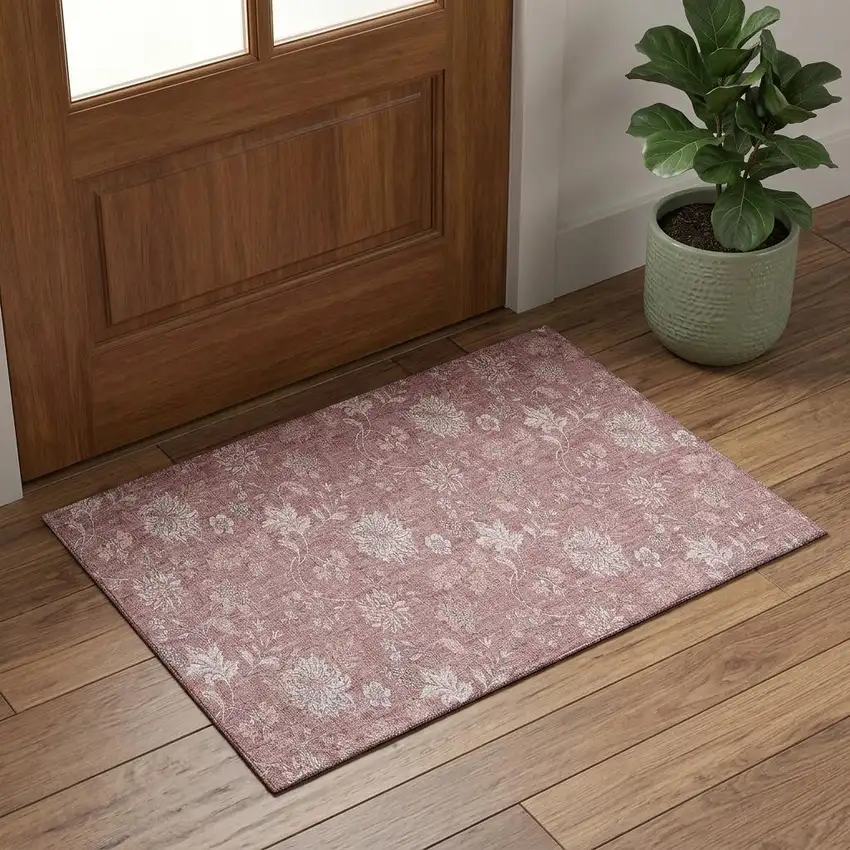 Blush And Ivory Floral Washable Area Rug With UV Protection Photo 1