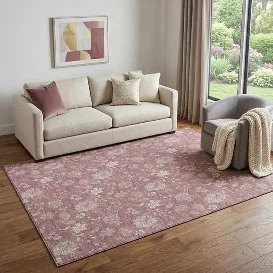 Blush And Ivory Floral Washable Area Rug With UV Protection Photo 1