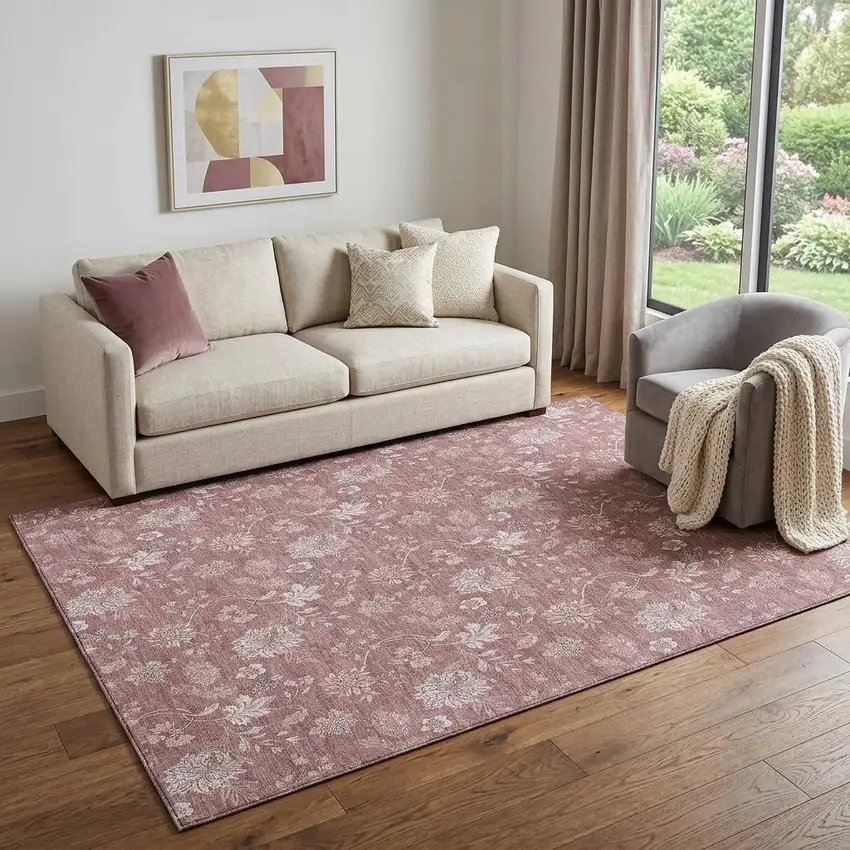 Blush And Ivory Floral Washable Area Rug With UV Protection Photo 1