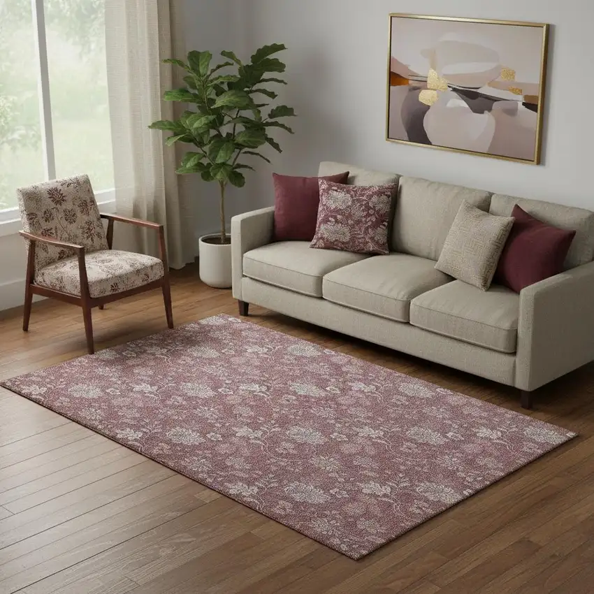 Blush And Ivory Floral Washable Area Rug With UV Protection Photo 1