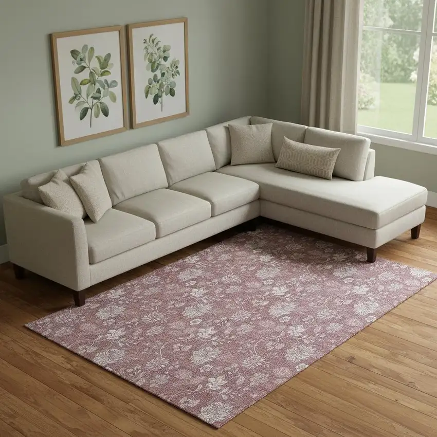 Blush And Ivory Floral Washable Area Rug With UV Protection Photo 1