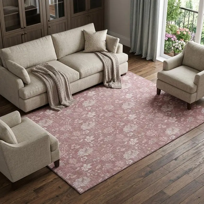 Blush And Ivory Floral Washable Area Rug With UV Protection Photo 1