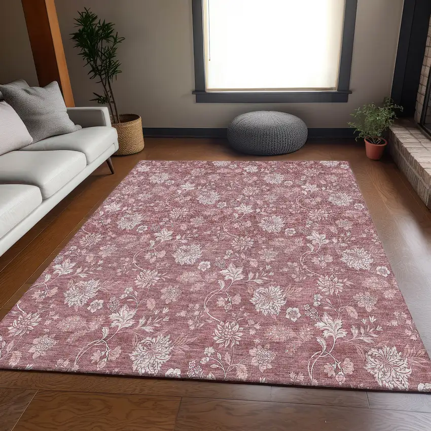 Blush And Ivory Floral Washable Area Rug With UV Protection Photo 4