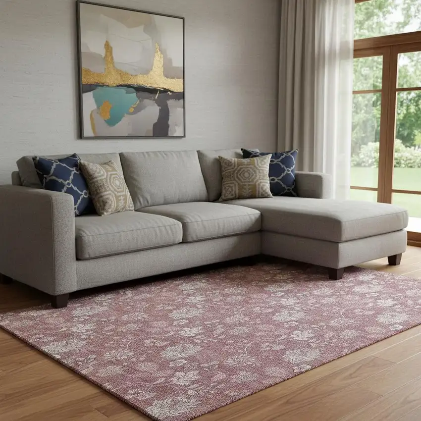 Blush And Ivory Floral Washable Area Rug With UV Protection Photo 1