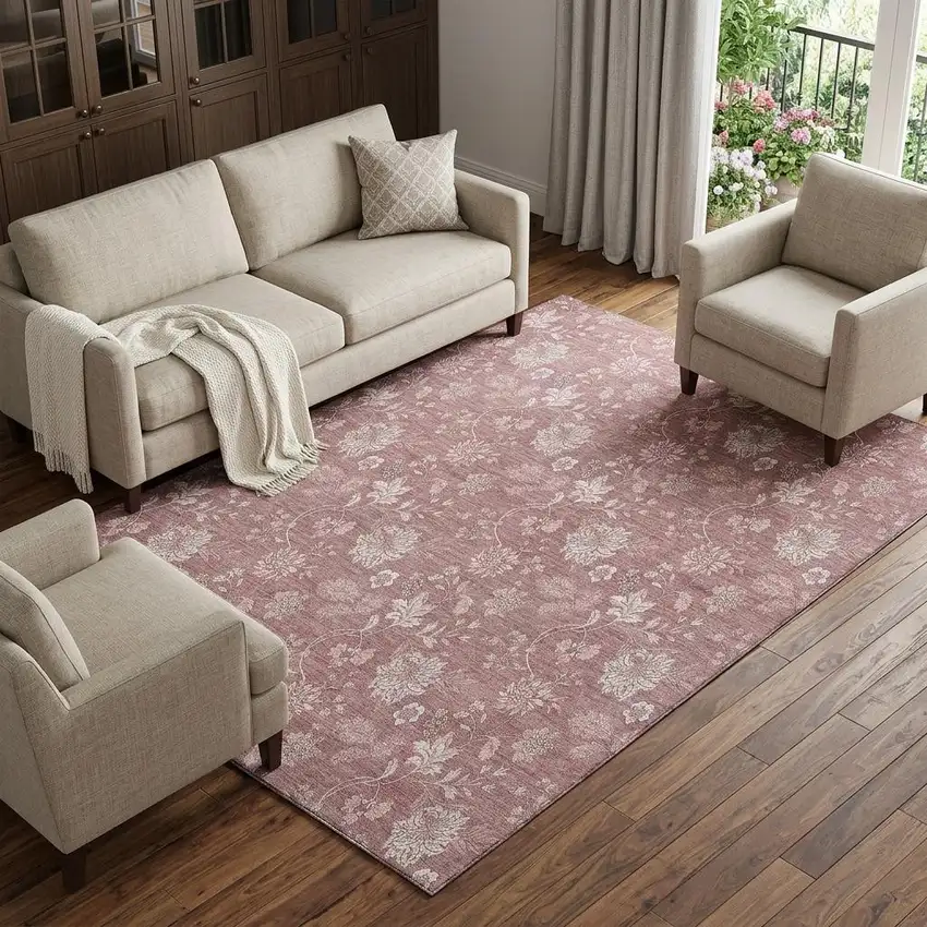 Blush And Ivory Floral Washable Area Rug With UV Protection Photo 1