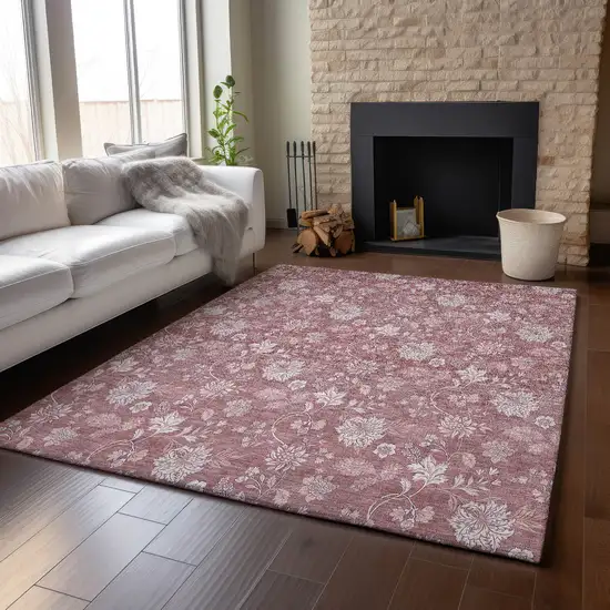 Blush And Ivory Floral Washable Area Rug With UV Protection Photo 3