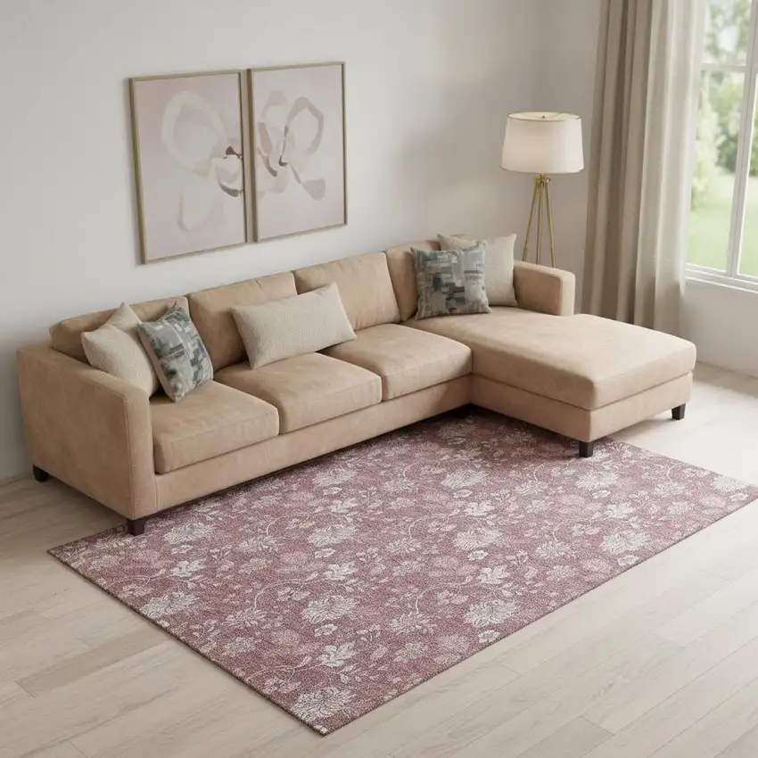 Blush And Ivory Floral Washable Area Rug With UV Protection Photo 1