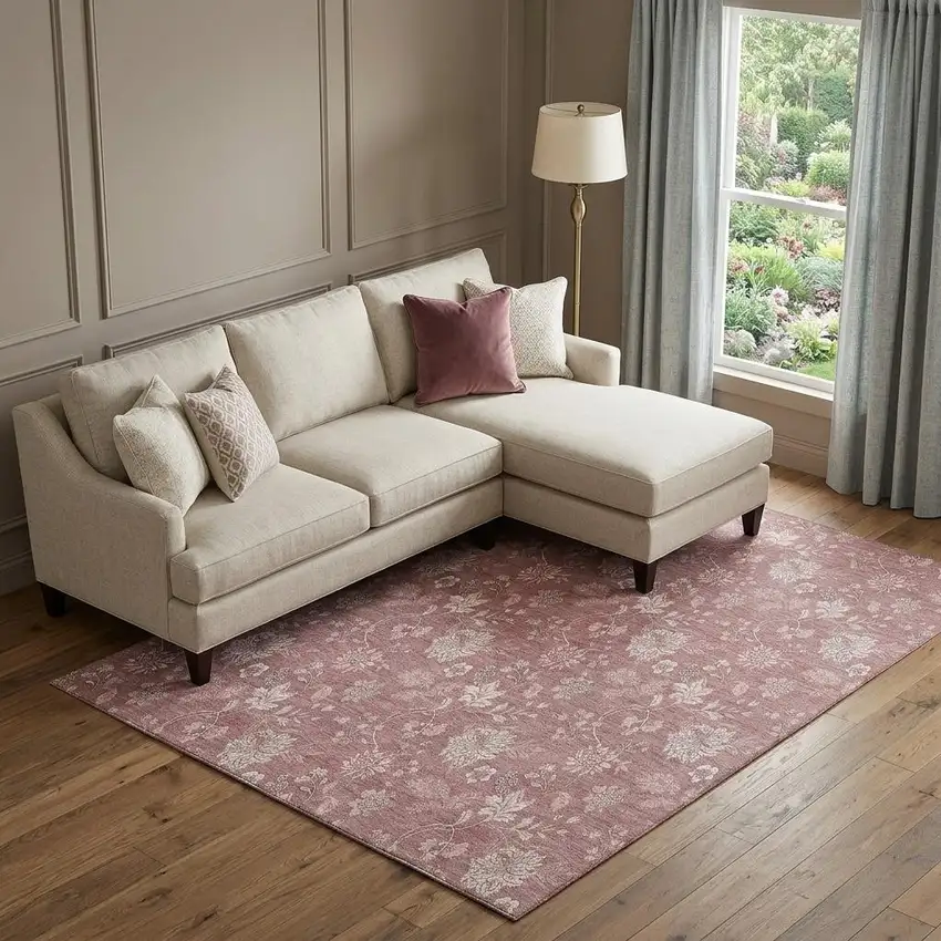 Blush And Ivory Floral Washable Area Rug With UV Protection Photo 1