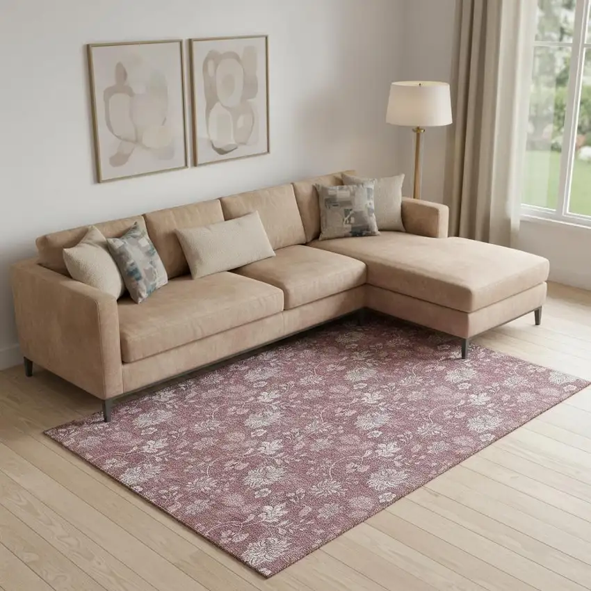 Blush And Ivory Floral Washable Area Rug With UV Protection Photo 3