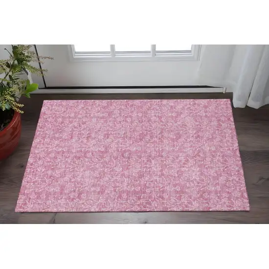Blush And Ivory Floral Washable Area Rug With UV Protection Photo 2