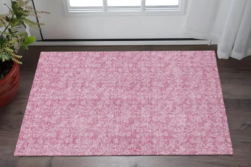 Blush And Ivory Floral Washable Area Rug With UV Protection Photo 2