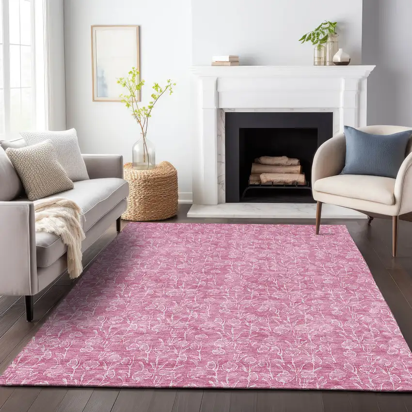 Blush And Ivory Floral Washable Area Rug With UV Protection Photo 5