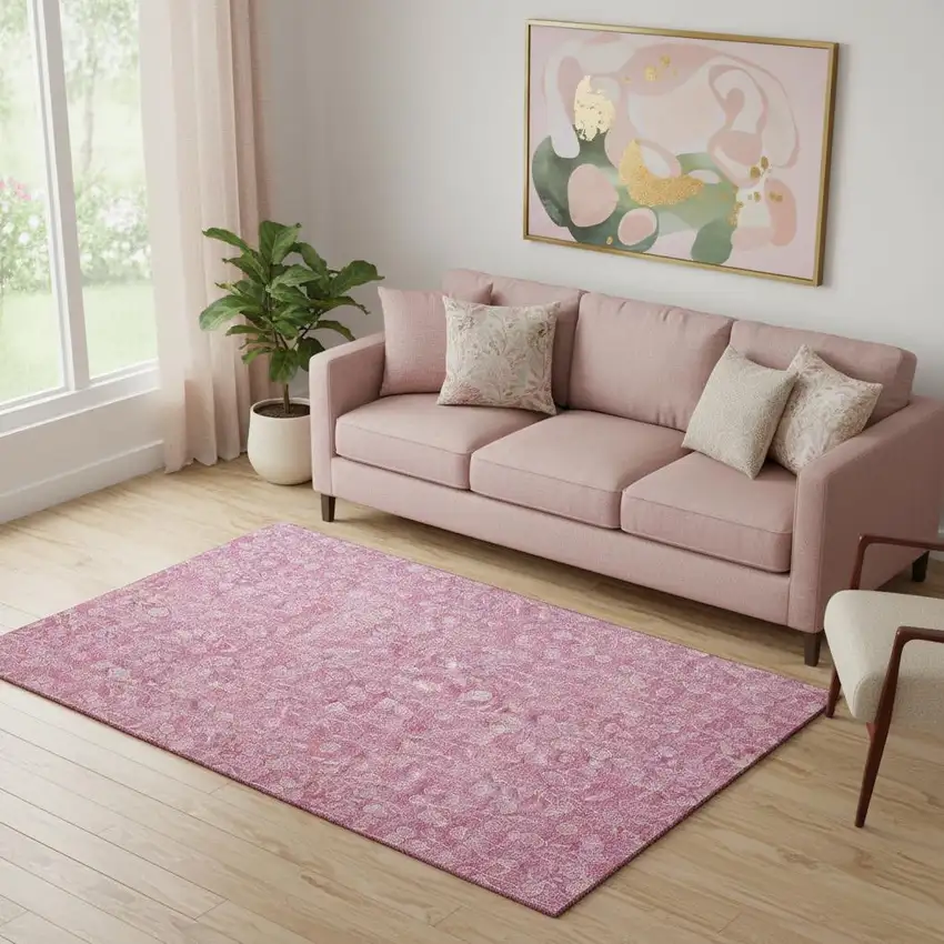 Blush And Ivory Floral Washable Area Rug With UV Protection Photo 3