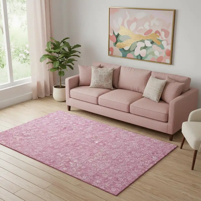 Blush And Ivory Floral Washable Area Rug With UV Protection Photo 2
