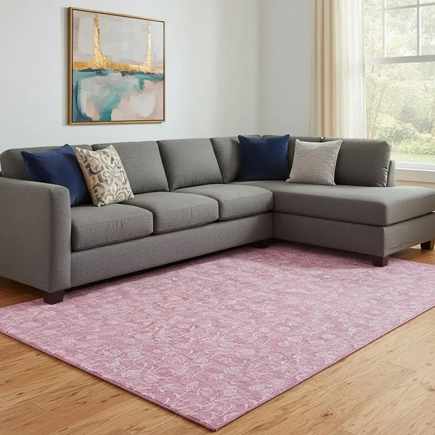 Blush And Ivory Floral Washable Area Rug With UV Protection Photo 1