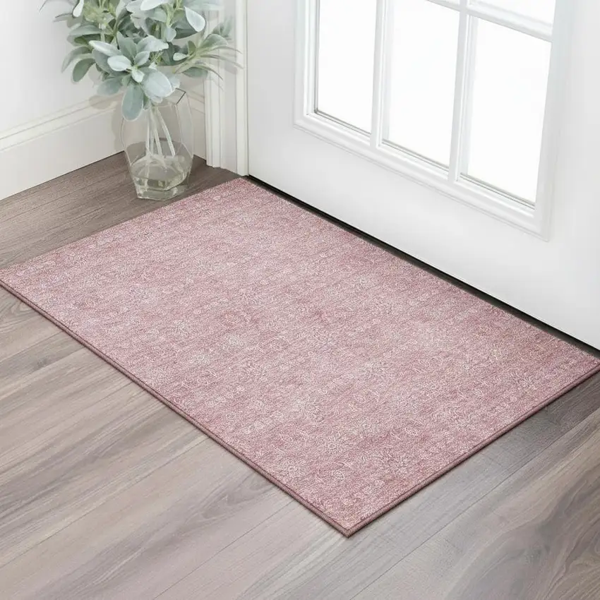 Blush And Ivory Floral Washable Area Rug With UV Protection Photo 1