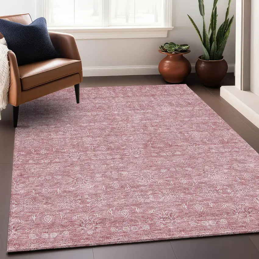 Blush And Ivory Floral Washable Area Rug With UV Protection Photo 4