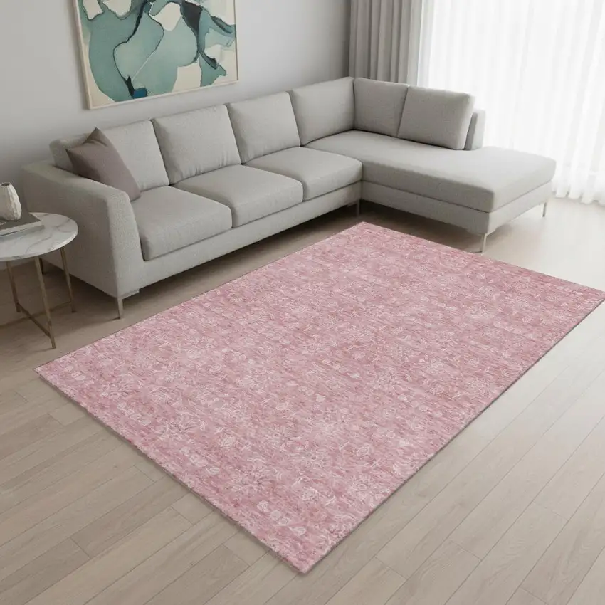 Blush And Ivory Floral Washable Area Rug With UV Protection Photo 1