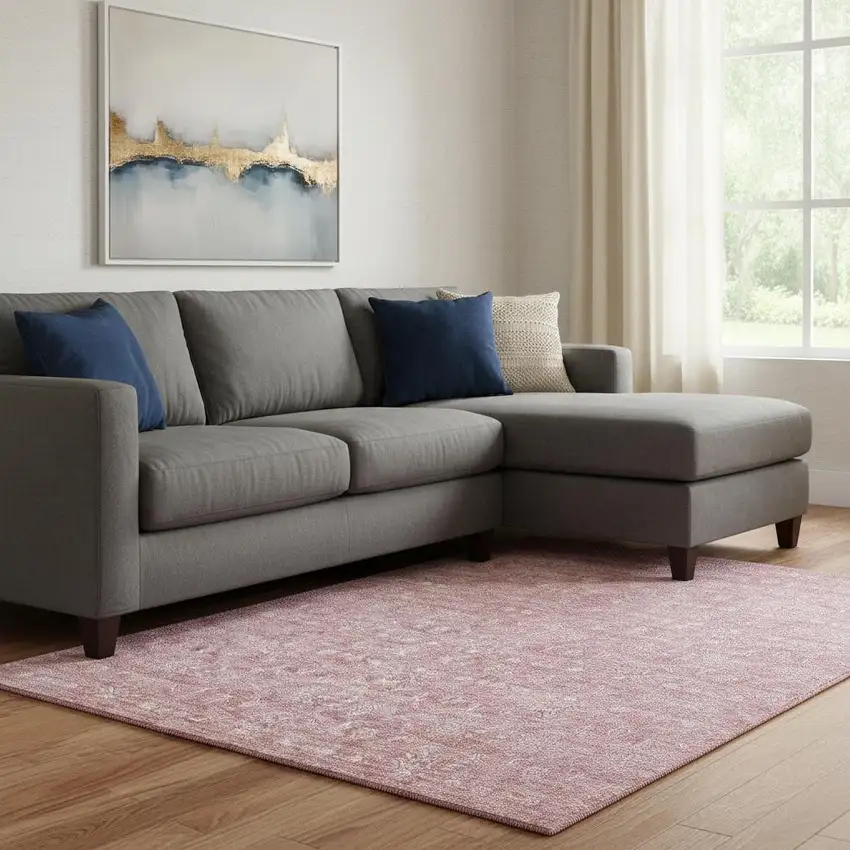 Blush And Ivory Floral Washable Area Rug With UV Protection Photo 1