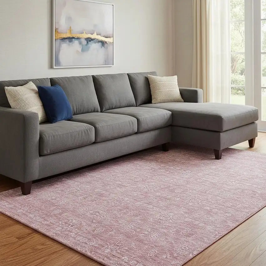 Blush And Ivory Floral Washable Area Rug With UV Protection Photo 1