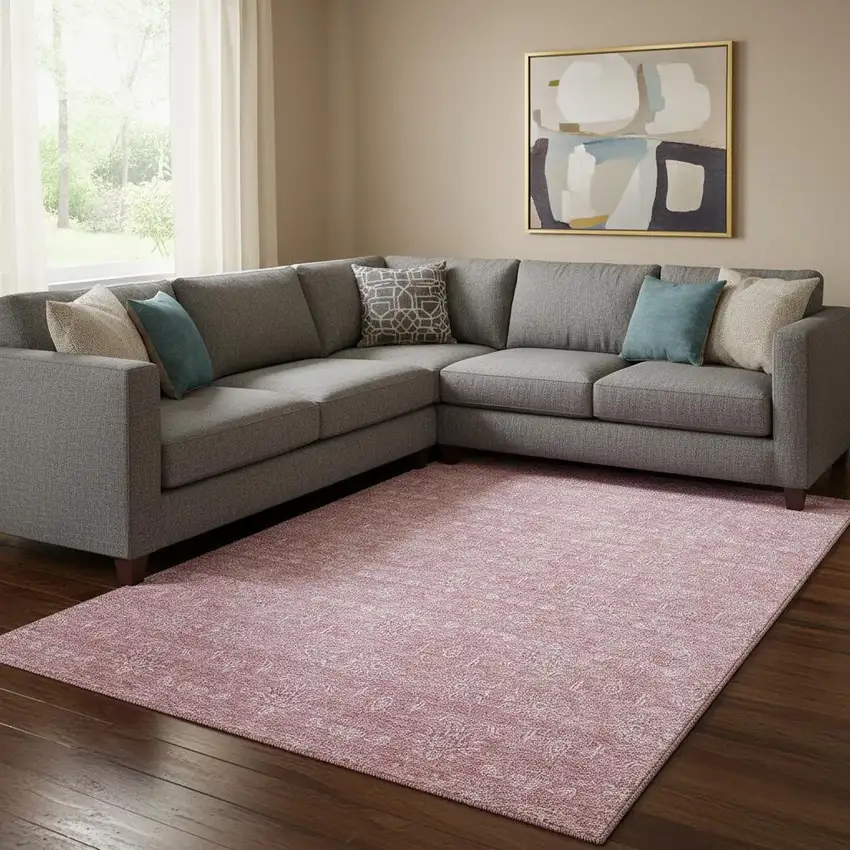 Blush And Ivory Floral Washable Area Rug With UV Protection Photo 1