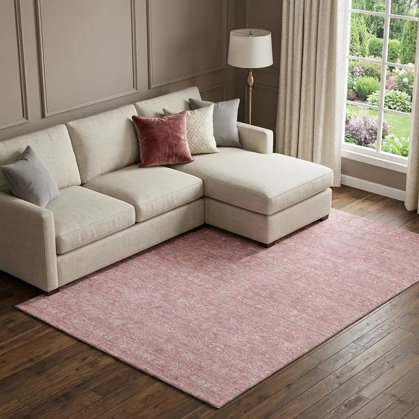 Blush And Ivory Floral Washable Area Rug With UV Protection Photo 1