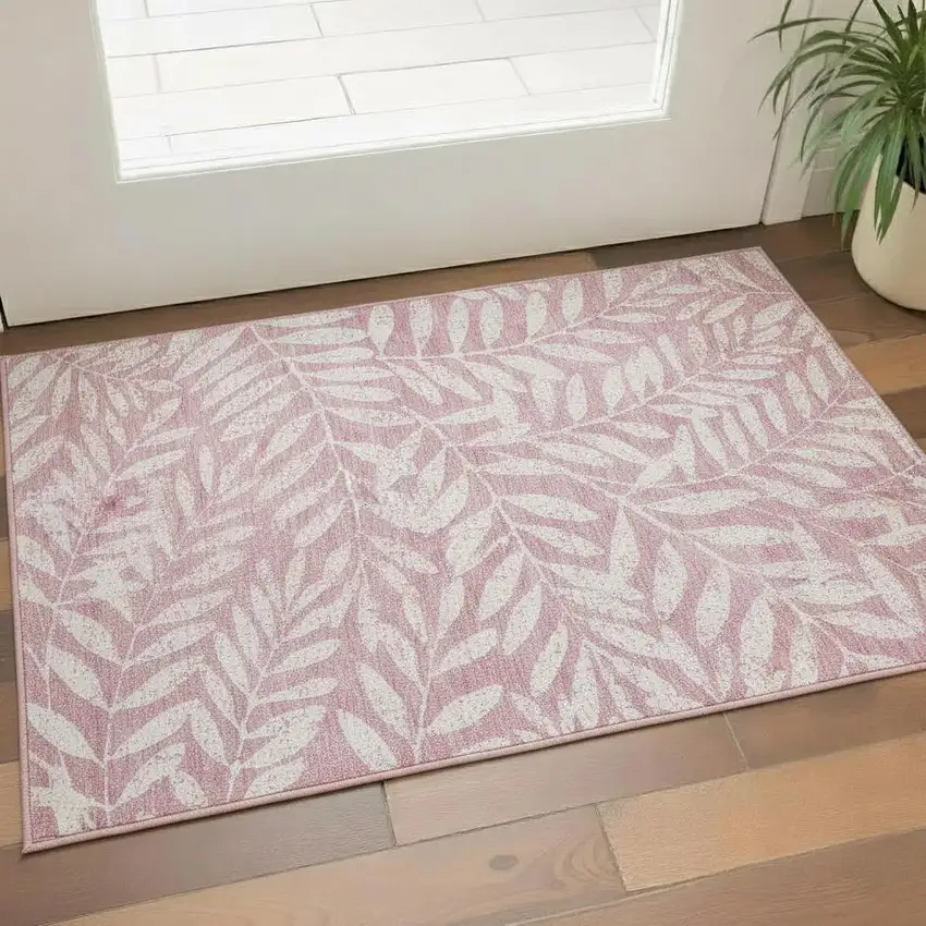 Blush And Ivory Floral Washable Area Rug With UV Protection Photo 1