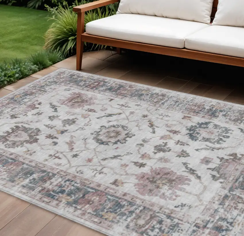 Blush And Ivory Floral Washable Indoor Outdoor Area Rug Photo 2