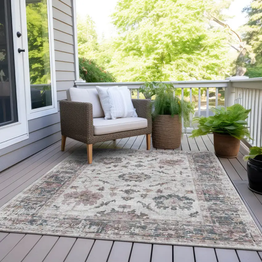 Blush And Ivory Floral Washable Indoor Outdoor Area Rug Photo 8