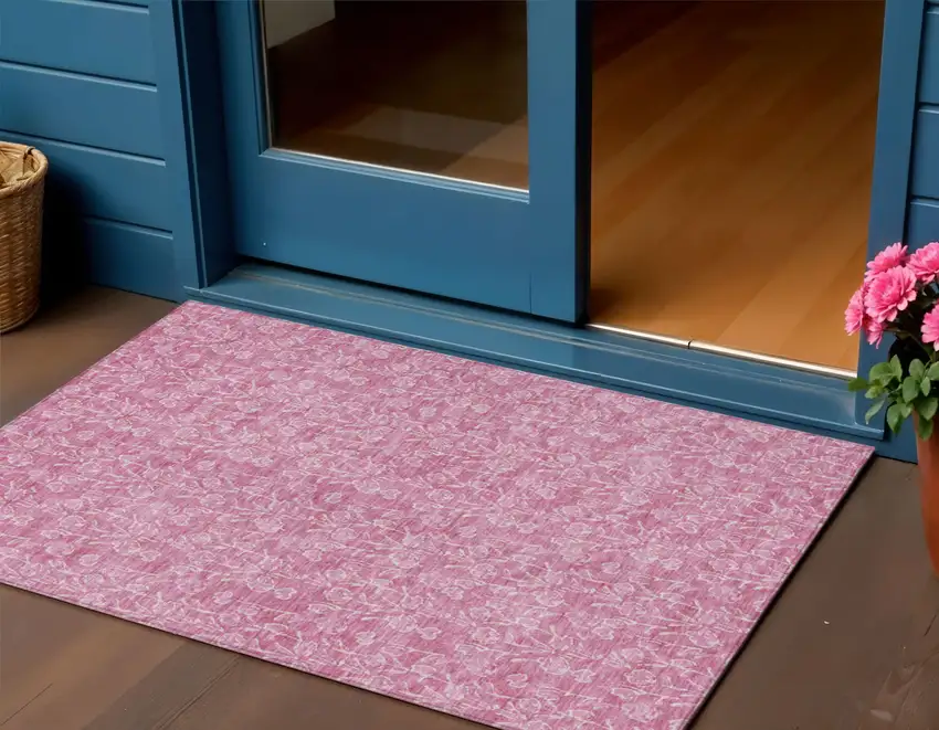 Blush And Ivory Floral Washable Indoor Outdoor Area Rug Photo 1
